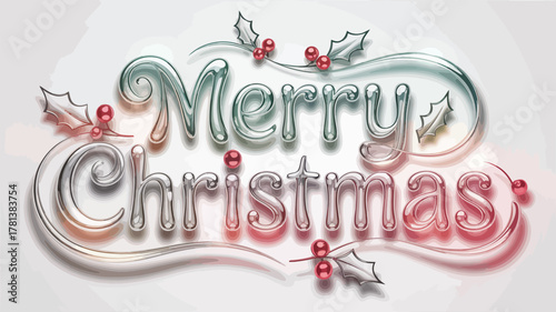 Elegant merry christmas lettering with festive holly berries and leaves in a glossy 3d style