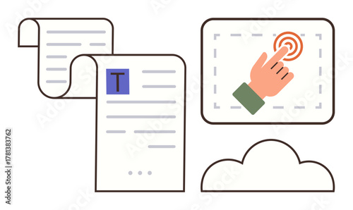 Document scrolls, touchscreen interaction, and cloud icon highlight cloud storage, digital content management, and online tools. Ideal for teamwork, remote work, technology, cloud computing digital