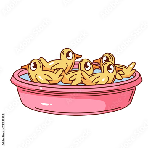 Cute yellow rubber ducks floating in a pink water basin, inspired by a classic fairground duck fishing game, drawn in groovy cartoon outline style, fun carnival vector illustration.