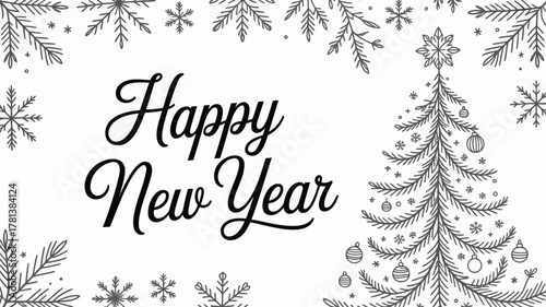 Elegant hand drawn happy new year greeting card with festive winter decorations and christmas tree