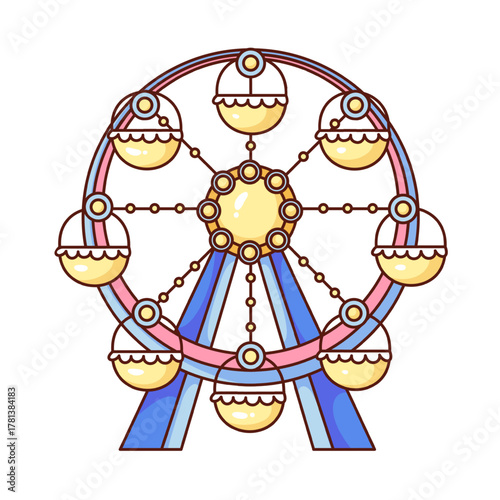 Cute colorful Ferris wheel with pastel pink and blue structure and round cabins, drawn in groovy cartoon outline style, summer amusement park theme, vector illustration.