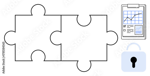 Two puzzle pieces, a clipboard with a data chart, and a lock highlight teamwork, security, and analytics. Ideal for problem-solving, data protection, business analysis, security enhancement