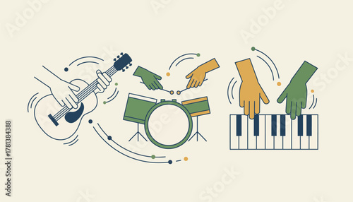 A montage of hands tapping rhythms on various instrumentsa guitar drums and a pianosymbolizing the collaboration of songwriting.