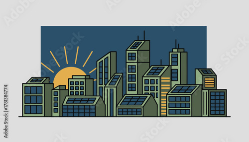 A futuristic city skyline featuring solar panels on every building illustrating a complete transition to renewable energy.