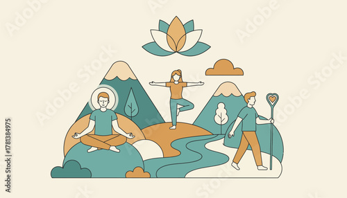 A meditation retreat in nature with participants engaged in mindfulness activities emphasizing the integration of spiritual wellness in healing practices.