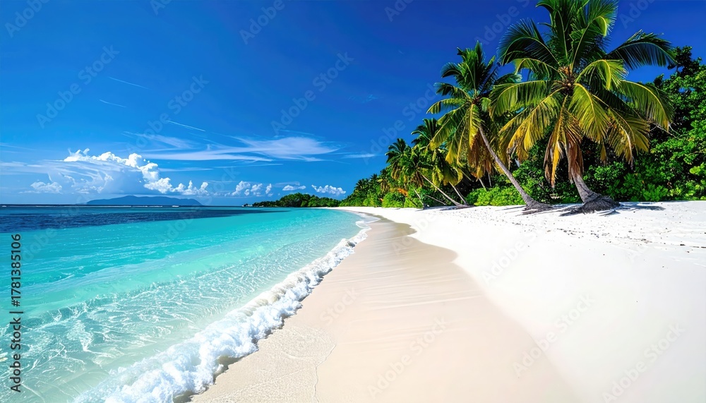 Fototapeta premium Aerial View Of A Tropical Island Paradise With Lush Green Palm Trees White Sandy Beach And Crystal Clear Aquamarine Water Under A Bright Blue Sky