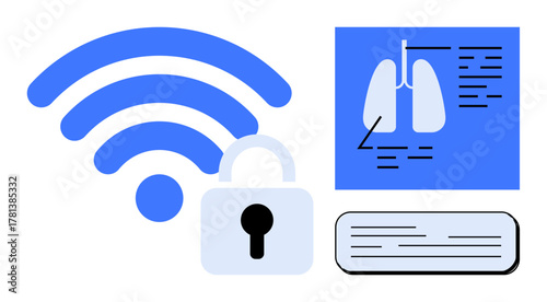wireless symbol, padlock, digital lungs diagram, and document representing encrypted medical data. Ideal for cybersecurity, healthcare, technology, data privacy, medical research IoT security