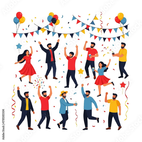 Diverse Group of People Celebrating with Balloons and Bunting.