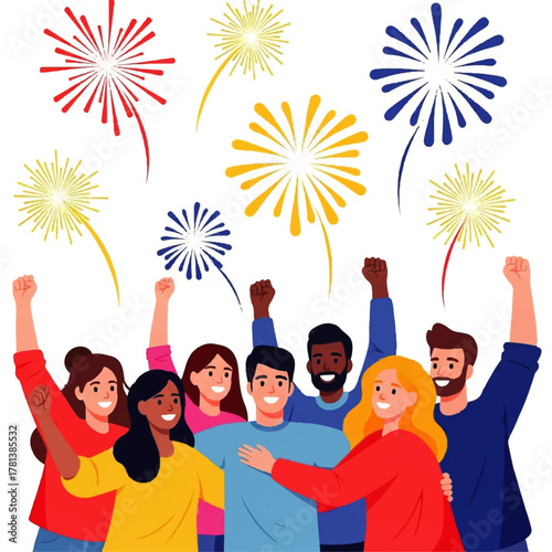 Diverse Group of People Celebrating with Fireworks.