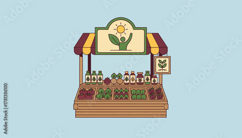 A vibrant farmers market stand displaying an array of organic produce and herbal supplements promoting a holistic approach to health.