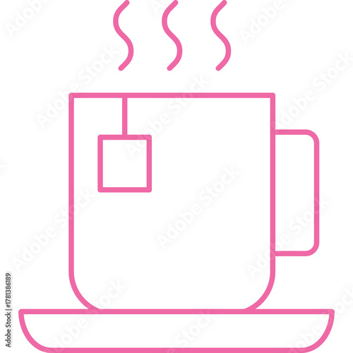 Simple Pink Line Art Illustration of a Hot Tea Cup with Steam and Tea Bag on a Saucer on a Transparent Background