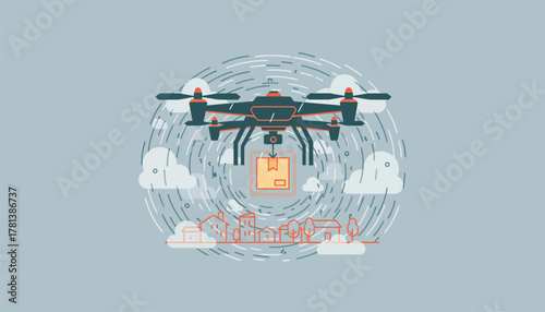 A drone operating in inclement weather utilizing thermal imaging to navigate through rain and fog while completing its delivery mission.