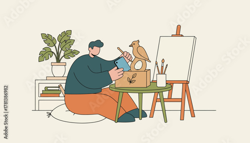 A digital detox scene where someone puts away their phone to engage in a creative hobby advocating for reducing screen time.