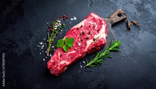 Raw marbled beef steak seasoned with coarse salt and peppercorns garnished with fresh rosemary and parsley on a dark slate surface with soft natural lighting