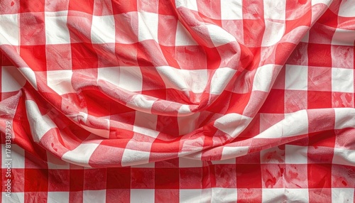 Red and White Gingham Tablecloth Texture with Folds and Wrinkles Overhead View Studio Lighting Detailed Fabric Pattern
