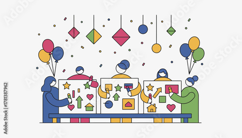 A festive vision board party atmosphere with balloons and decorations where participants joyously create and share their visions for the future.