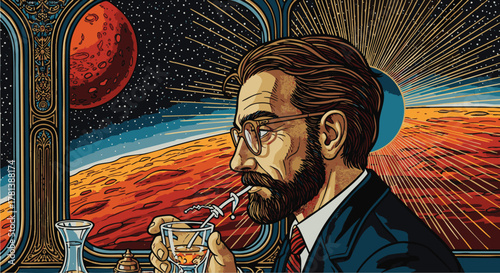 Martian Dreamer A Man Sipping in Space with Mars in View, a sci-fi adventure