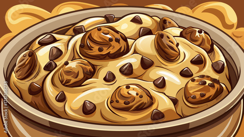 Very beautiful close-up of chocolate chip cookie dough ready to bake, showing rich texture, visible chocolate chunks, and warm natural light for a realistic delicious baking scene.