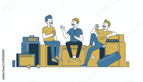 Band members sharing laughs during a break seated on amplifiers with drinks in hand demonstrating camaraderie amidst the hard work.