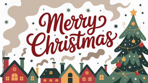 Charming merry christmas greeting with a festive village scene and decorated evergreen tree