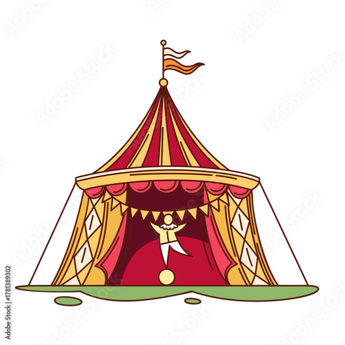 Cute colorful circus tent with flags and drapes, drawn in groovy cartoon outline style, retro carnival vector illustration symbolizing fun fair, entertainment and festive atmosphere.