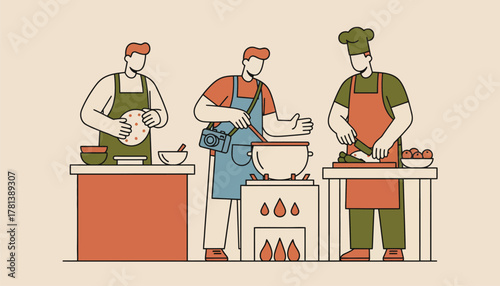 A travel blogger participating in a local cooking class engrossed in preparing traditional dishes alongside local chefs.