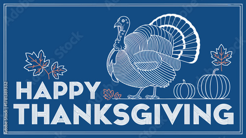 Happy thanksgiving greeting with stylized turkey pumpkins and autumn leaves on blue background