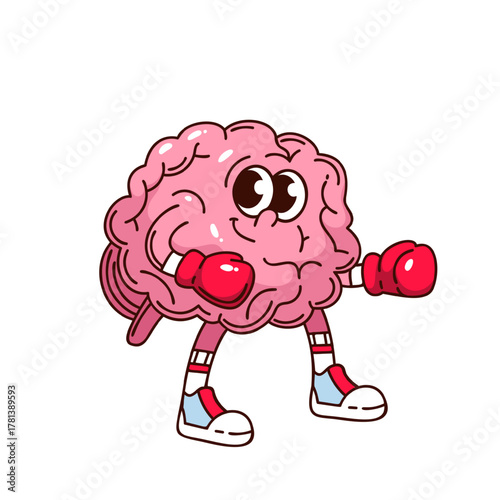 Cute brain mascot in boxing gloves ready to fight bad habits and alcohol harm. Groovy cartoon doodle style. Sticker of healthy lifestyle and brain influence, outline vector illustration.