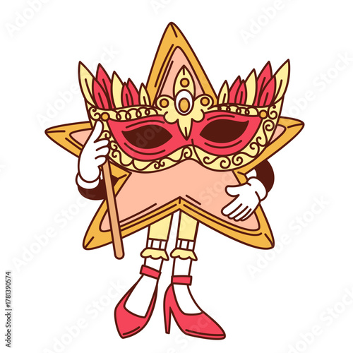 Cute star character holding ornate carnival mask with feathers, dressed in shoes and gloves, drawn in groovy cartoon outline style, festive and playful mood, vector illustration.