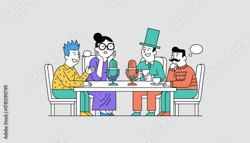 A pair of colorful microphones on a table surrounded by guests showcasing different personalities and styles fostering engaging conversations.