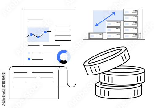 Documents with charts and graphs, stacked coins representing financial growth, servers with scaling arrows. Ideal for finance, data analysis, investment, banking, storage, economy digital trends