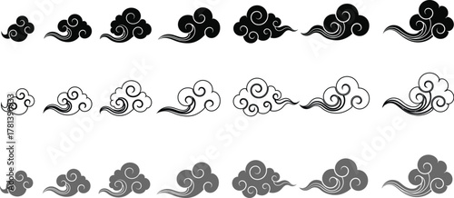 Three rows of stylized cloud illustrations in black, white outline, and gray.