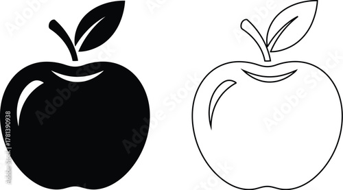 Two apple illustrations: one filled in with black, the other an outline drawing, both with a stem and leaf.
