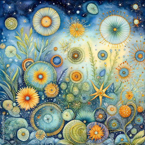 A decorative fantasy world of pollen, diatoms, and algae forming floral constellations — a microscopic garden floating in abstract space.
