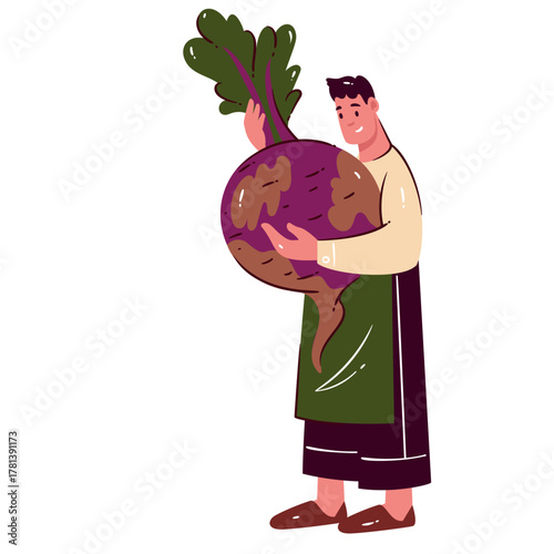 Smiling chef in apron holding huge purple beetroot. Organic farming, harvest and vegetarian cooking, healthy lifestyle and eco food market, simple cartoon character flat vector illustration.