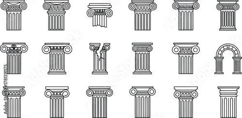 Collection of various architectural column designs and an archway depicted in a black and white line art style.