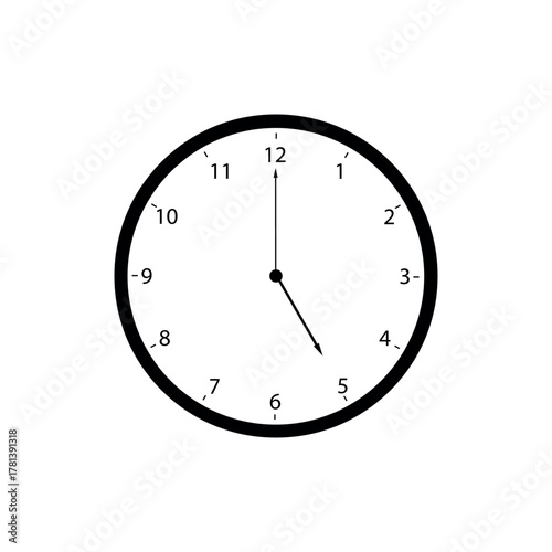Five o'clock closure time. Minimalist clock icon for business hours, showing five o'clock.