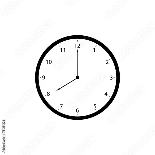Minimalist clock vector at eight o'clock. Perfect for representing standard office hours or a key work moment.