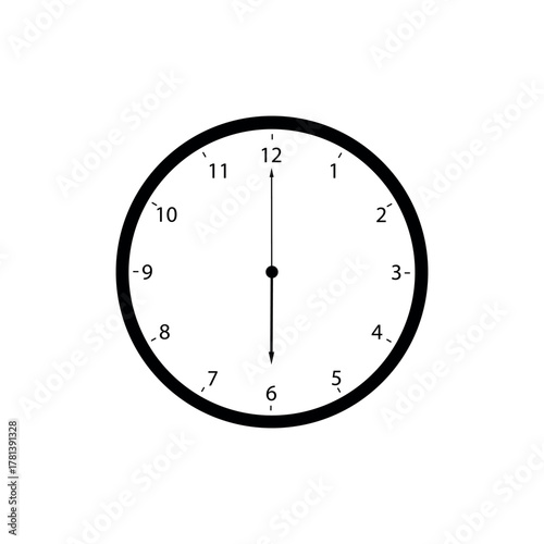 Six o'clock schedule marker. Vector clock set precisely at six o'clock. Useful for morning start or evening schedule graphics.