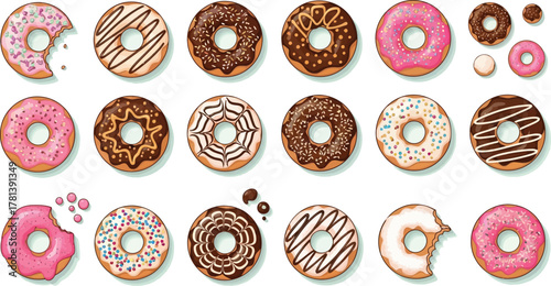 An assortment of colorful, decorated donuts with various toppings and icings arranged on a white background, some with bites taken out.