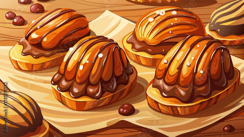 Very beautiful close-up of chocolate-dipped madeleine cookies on parchment paper, with glossy chocolate coating, soft cake texture, and warm natural light creating a realistic delicious dessert scene.