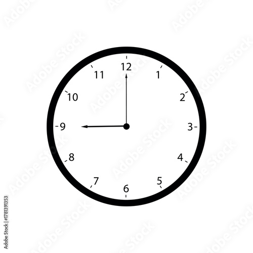 Nine o'clock beginning time. Clock face showing nine o'clock. Symbolizes the start of a business day or a new chapter.