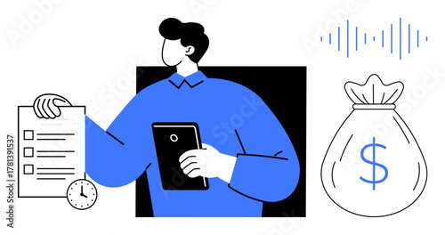 Person holding a checklist and tablet, accompanied by clock, money bag, and soundwave. Ideal for productivity, finance, business planning, time management, investment performance tracking simple