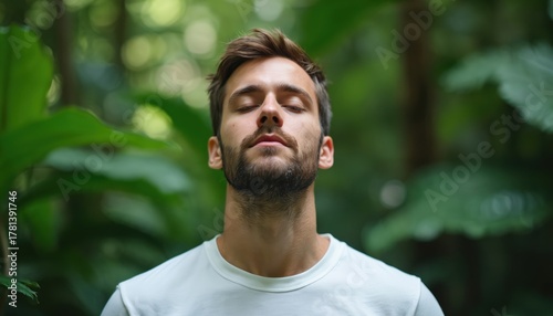 Man practices deep breathing in green forest. Eyes closed, he inhales, finding inner peace and connection with nature. Serene atmosphere aids his meditation, promoting wellness and calm.