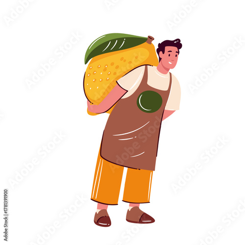 Cartoon seller holding huge lemon, funny concept of citrus fruit and organic market design. Simple flat mascot for grocery store, healthy lifestyle and fresh food, vector illustration