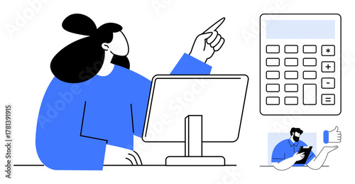 Woman engaged in financial analysis using desktop monitor, calculator with large keys in focus, and colleague with tablet. Ideal for teamwork, finance, budgeting, planning, consulting, technology