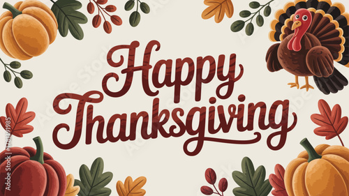 Happy thanksgiving greeting with festive turkey pumpkins and autumn leaves border