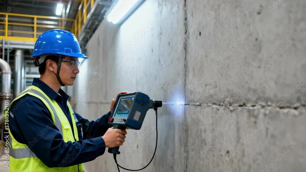 Engineer conducting ultrasonic testing on containment walls focusing on ...