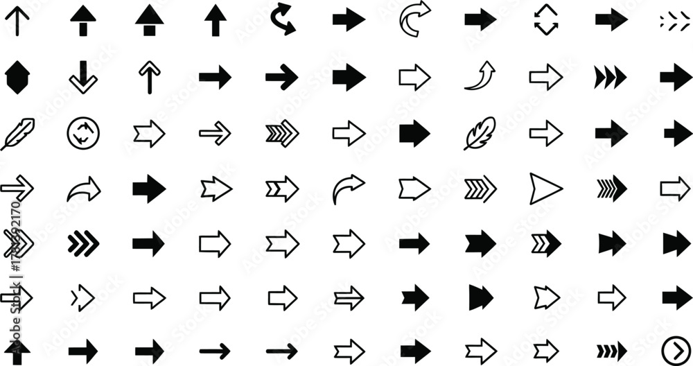 Naklejka premium A collection of various arrow designs and shapes pointing in different directions, presented in a black and white graphic arrangement.