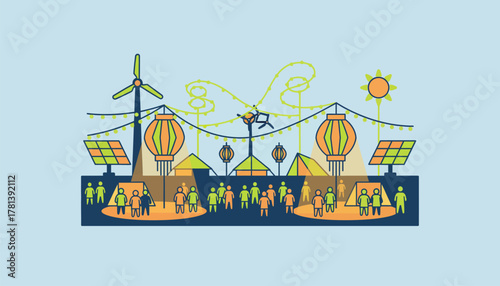 A nighttime festival illuminated by energyefficient LED lights and powered by clean energy sources creating a vibrant atmosphere.